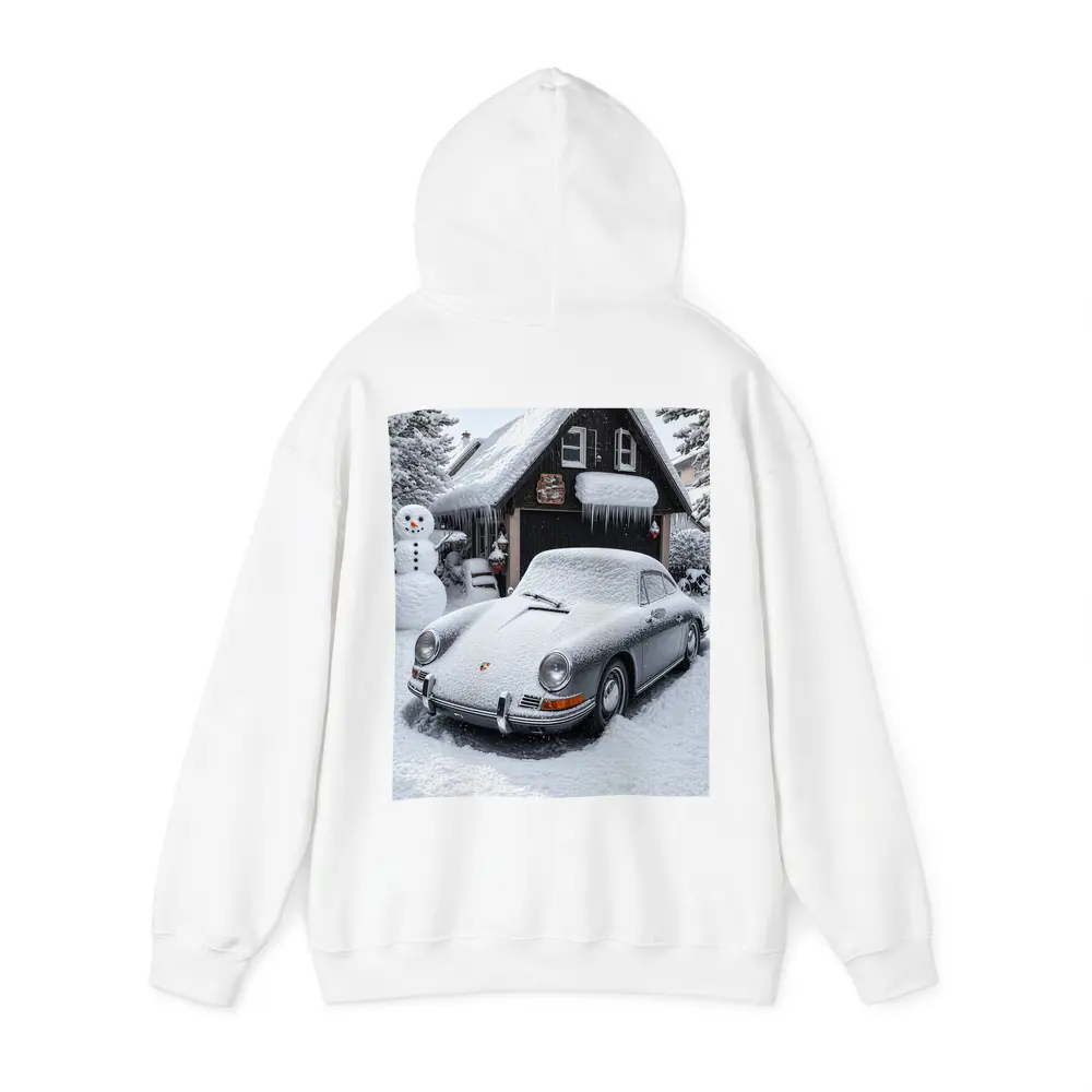 Vintage Porsche 911 Snow Covered Winter Garage – Hoodies
