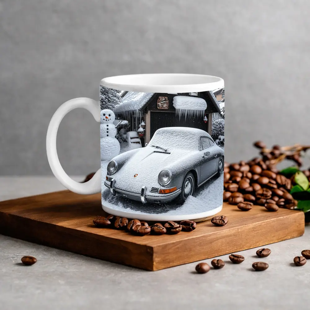Vintage Porsche 911 Snow Covered Winter Garage – Mugs