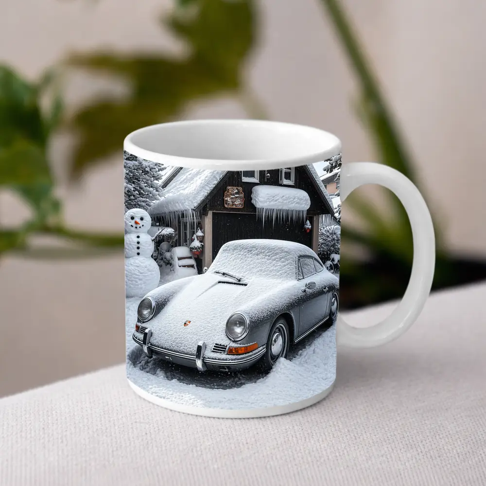 Vintage Porsche 911 Snow Covered Winter Garage – Mugs