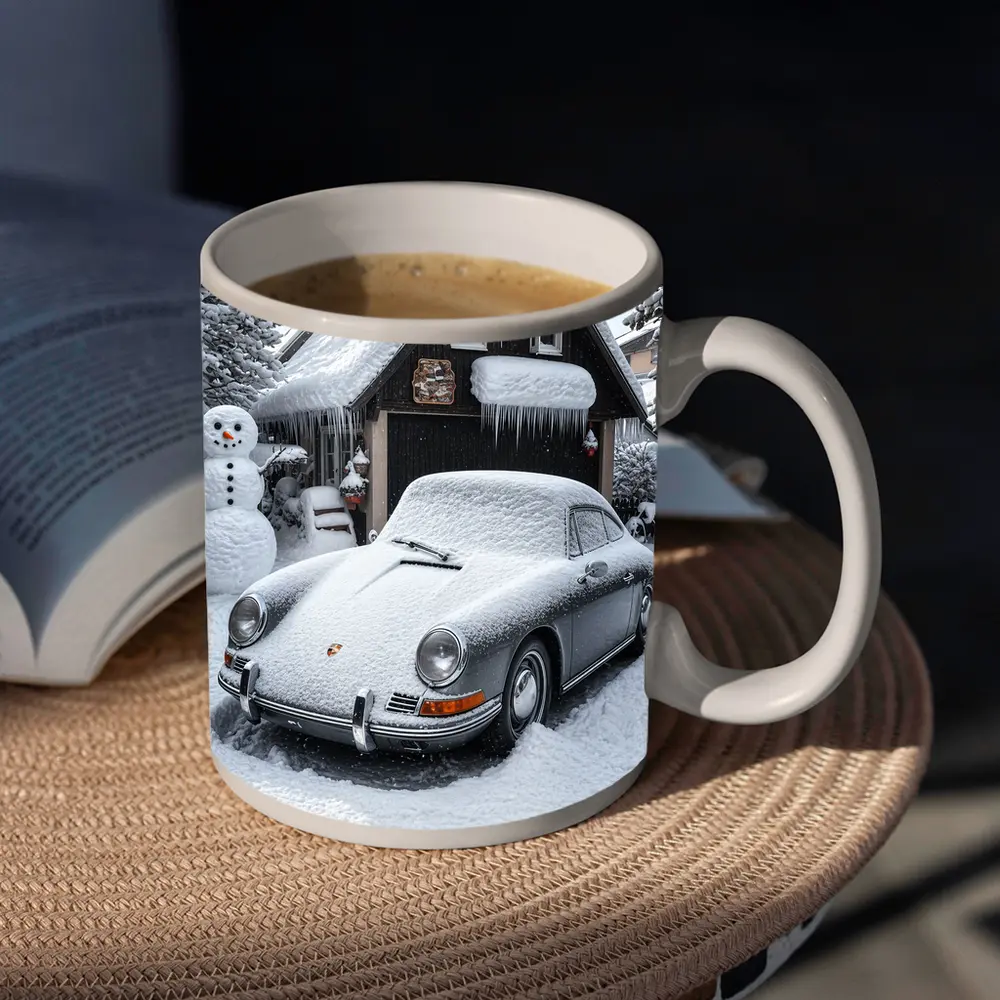 Vintage Porsche 911 Snow Covered Winter Garage – Mugs