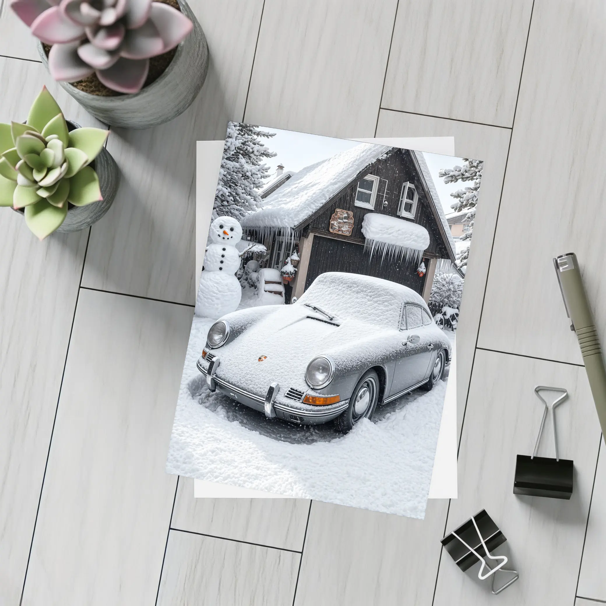 Vintage Porsche 911 Snow Covered Winter Garage – Postcards