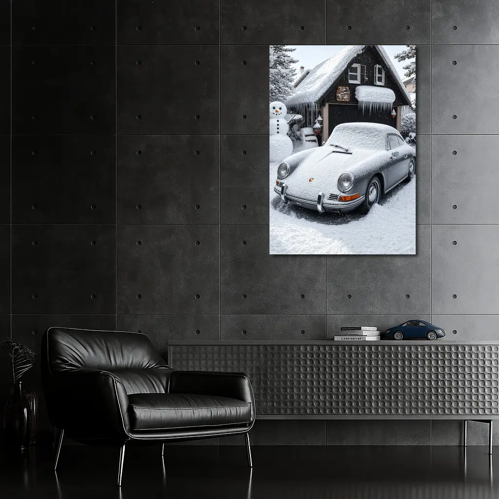 Vintage Porsche 911 Snow Covered Winter Garage – Wall Art