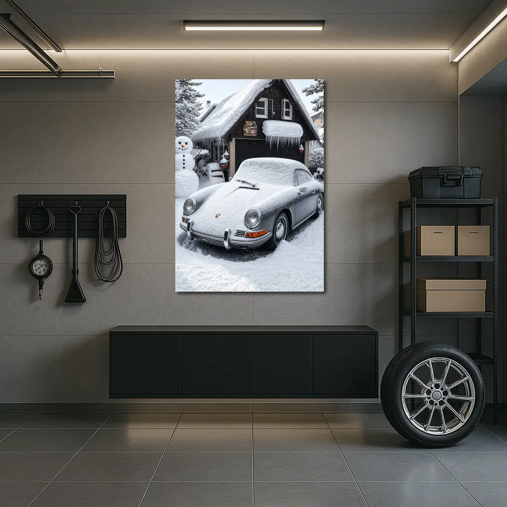 Vintage Porsche 911 Snow Covered Winter Garage – Wall Art