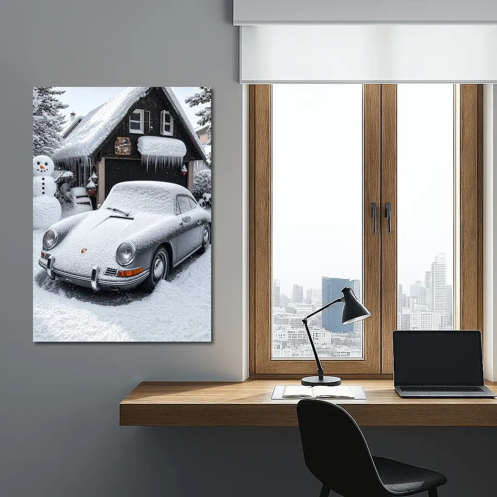 Vintage Porsche 911 Snow Covered Winter Garage – Wall Art