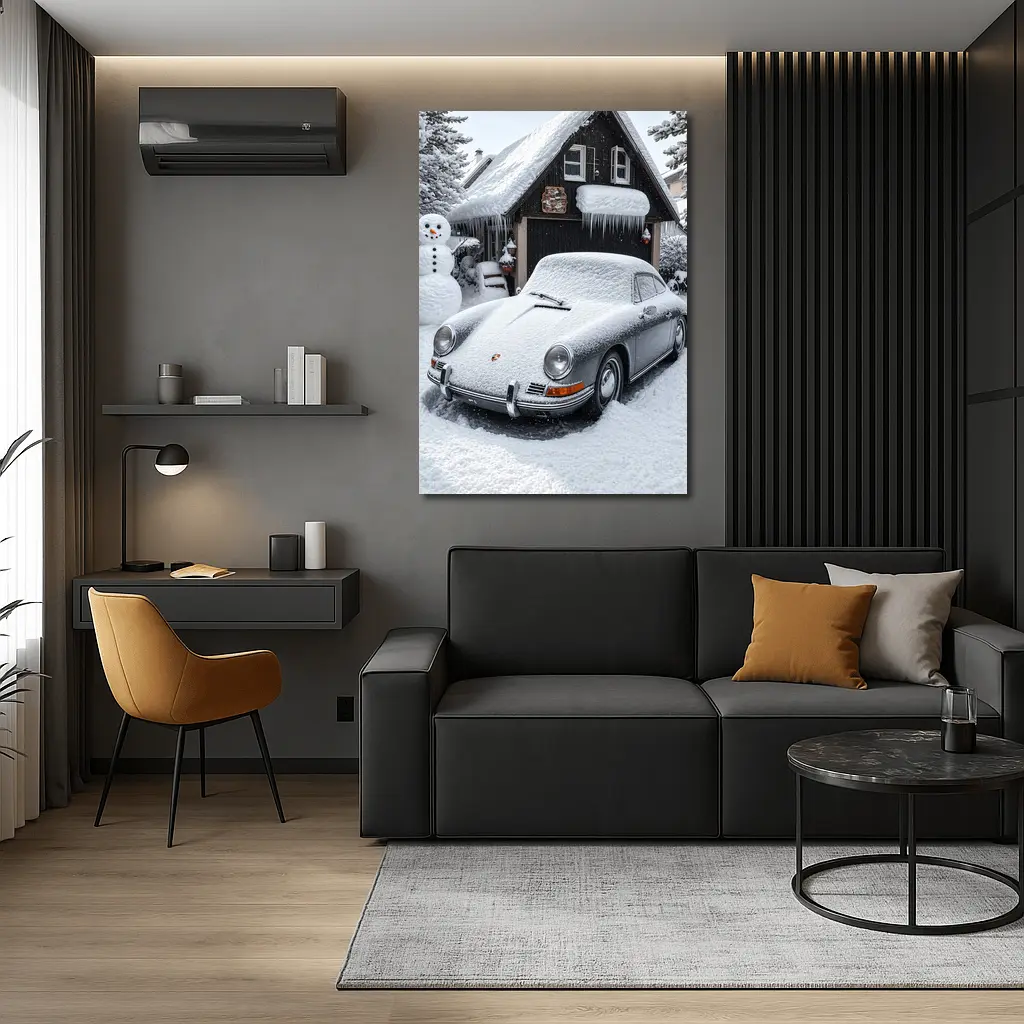 Vintage Porsche 911 Snow Covered Winter Garage – Wall Art