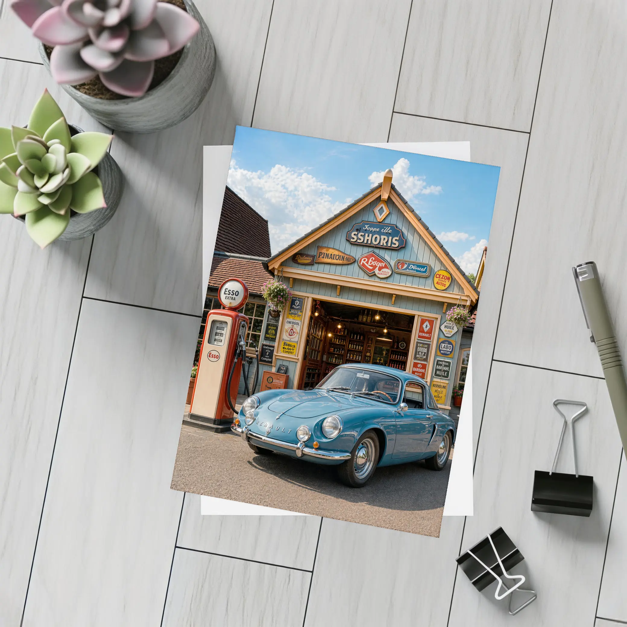 Vintage Renault Classic Car Retro Gas Station – Postcards