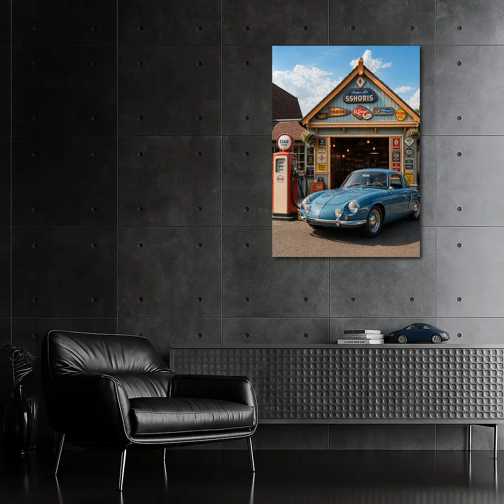 Vintage Renault Classic Car Retro Gas Station – Wall Art