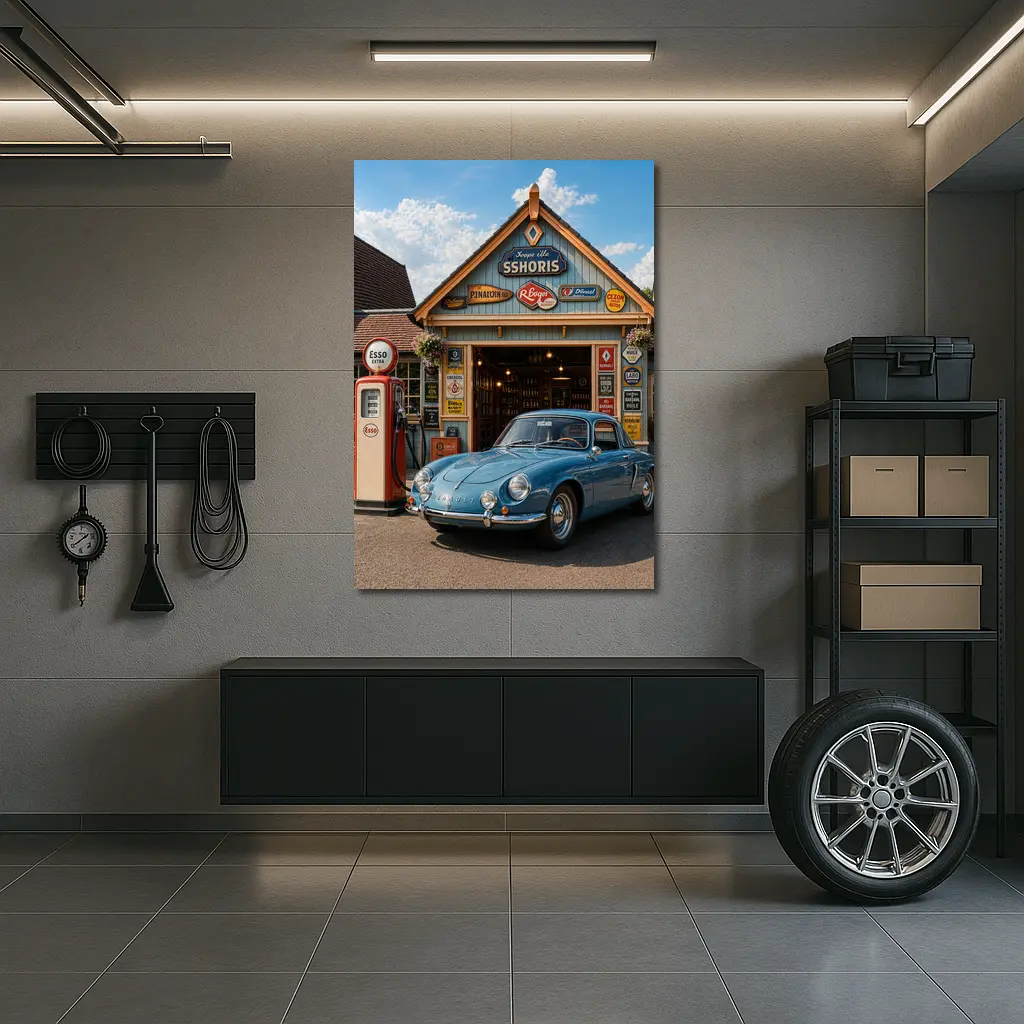 Vintage Renault Classic Car Retro Gas Station – Wall Art