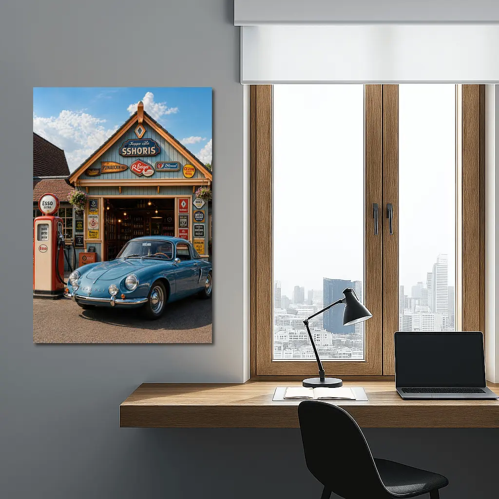 Vintage Renault Classic Car Retro Gas Station – Wall Art