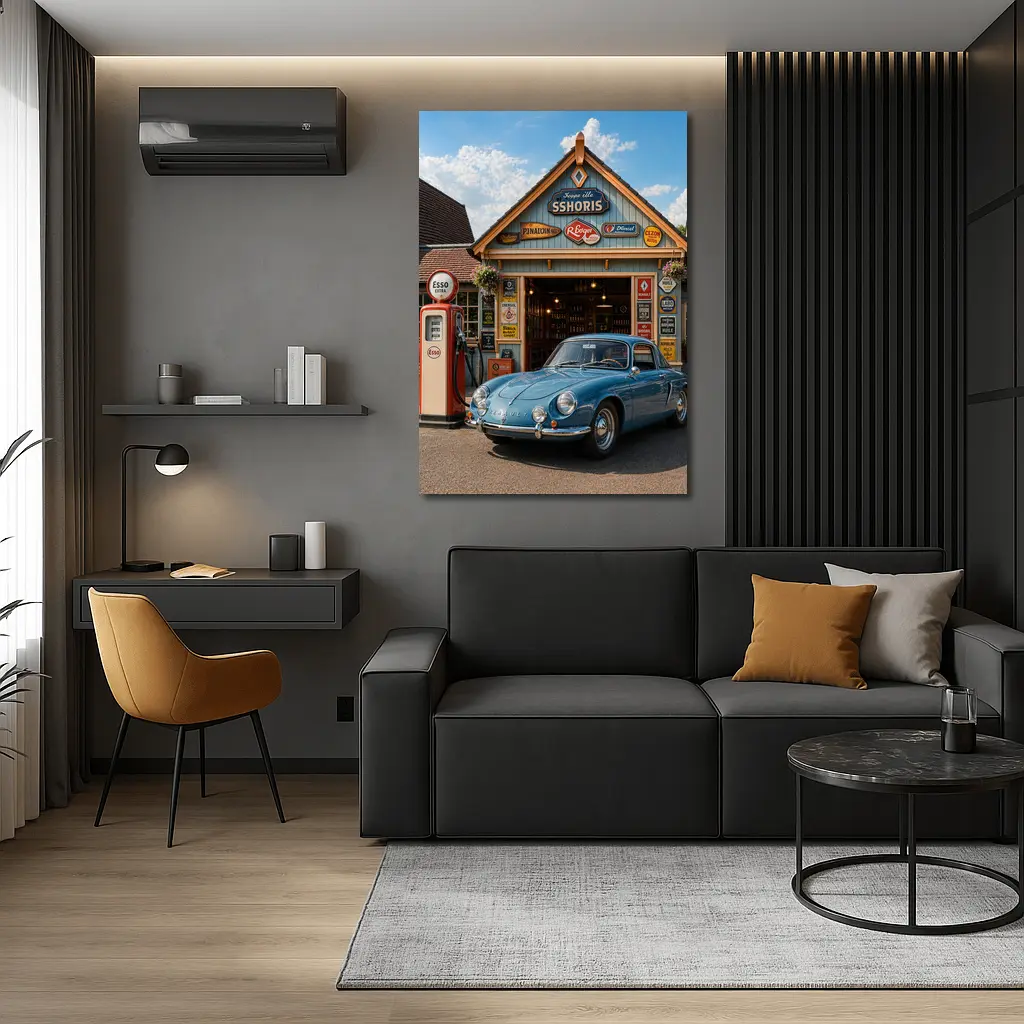 Vintage Renault Classic Car Retro Gas Station – Wall Art