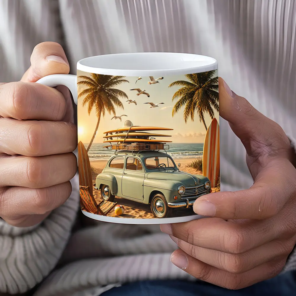 Vintage Renault Beach Scene With Surfboards – Mugs