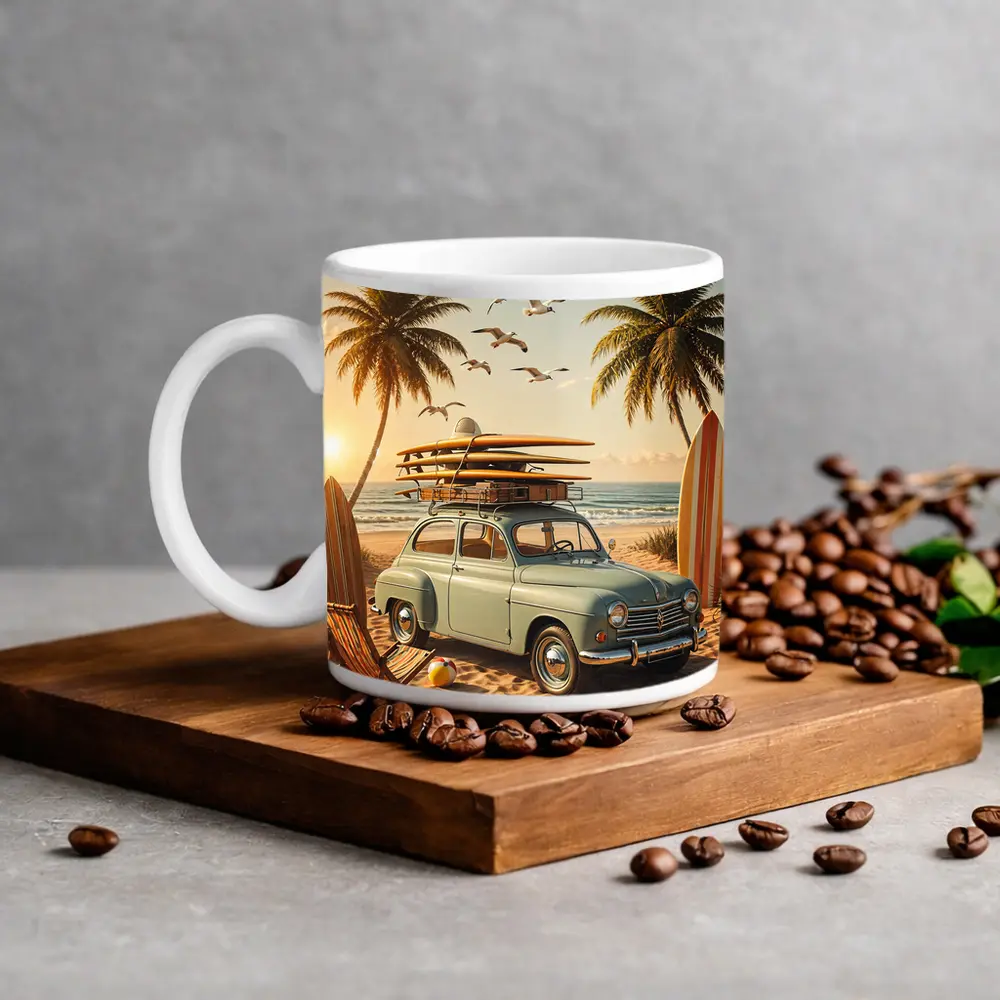 Vintage Renault Beach Scene With Surfboards – Mugs