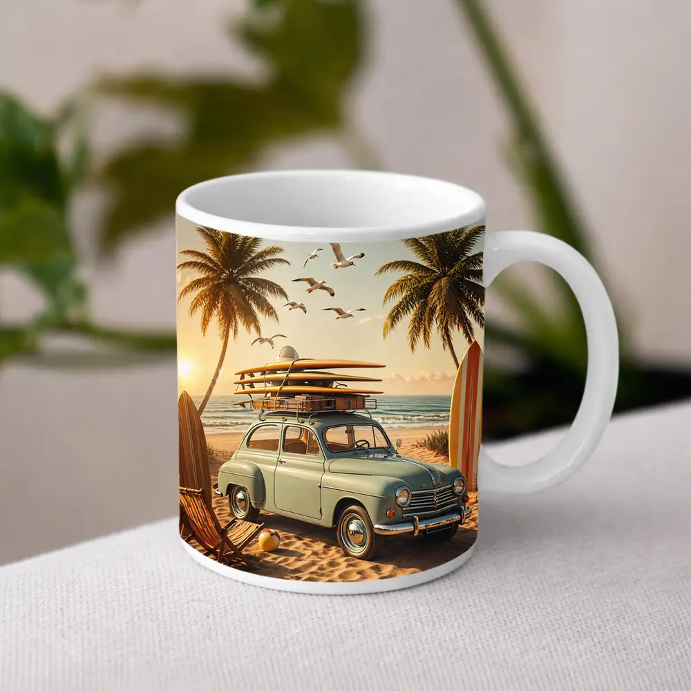 Vintage Renault Beach Scene With Surfboards – Mugs