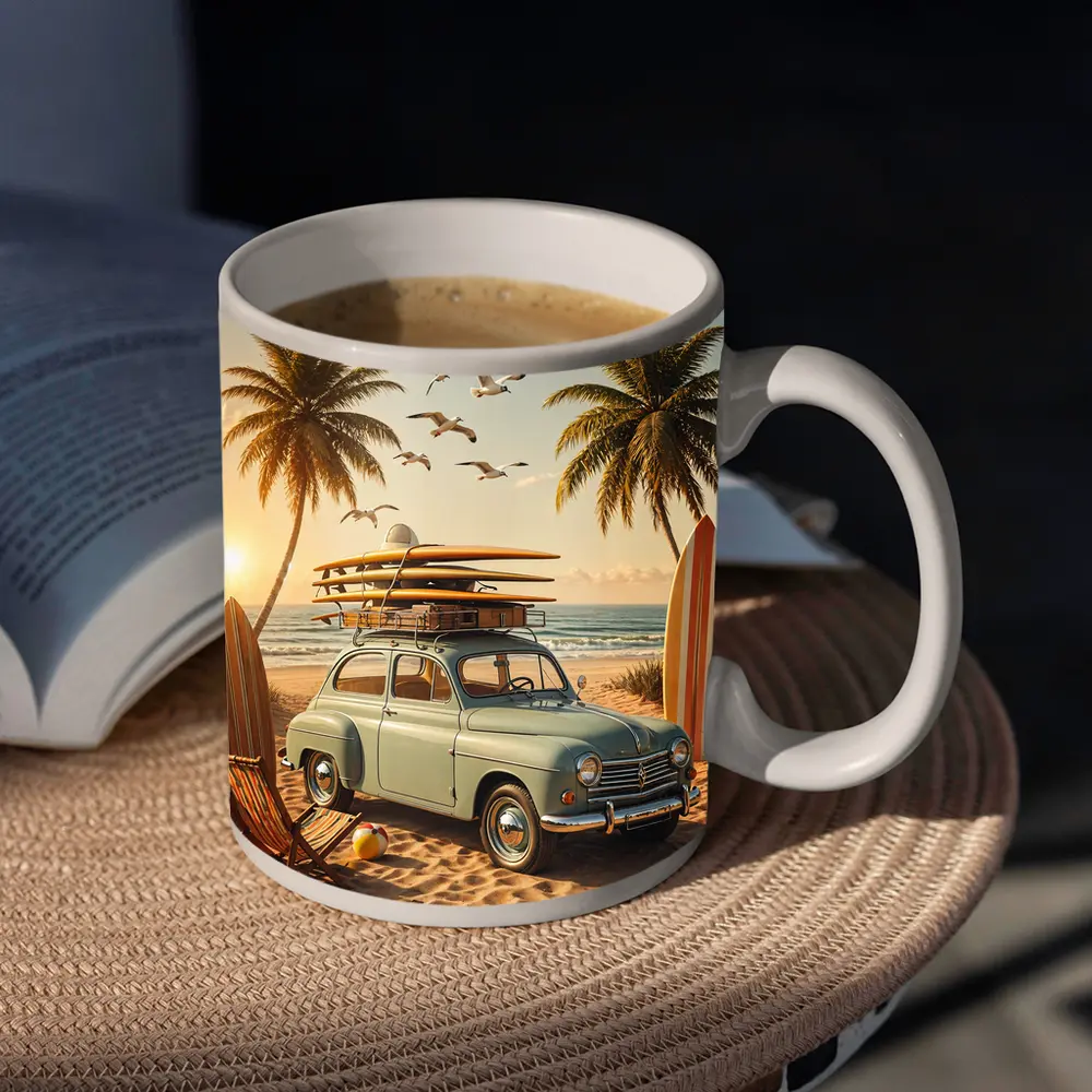 Vintage Renault Beach Scene With Surfboards – Mugs