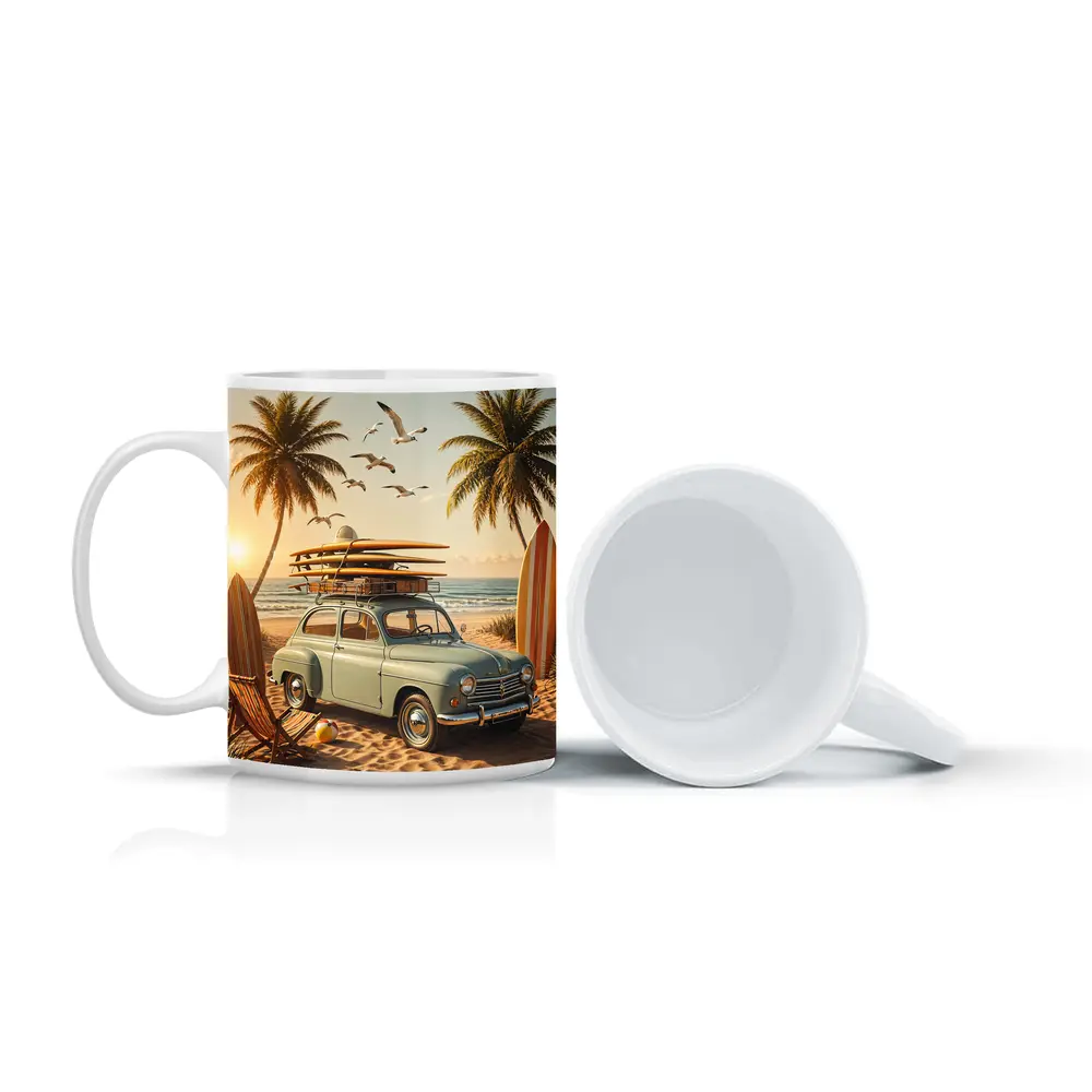 Vintage Renault Beach Scene With Surfboards – Mugs
