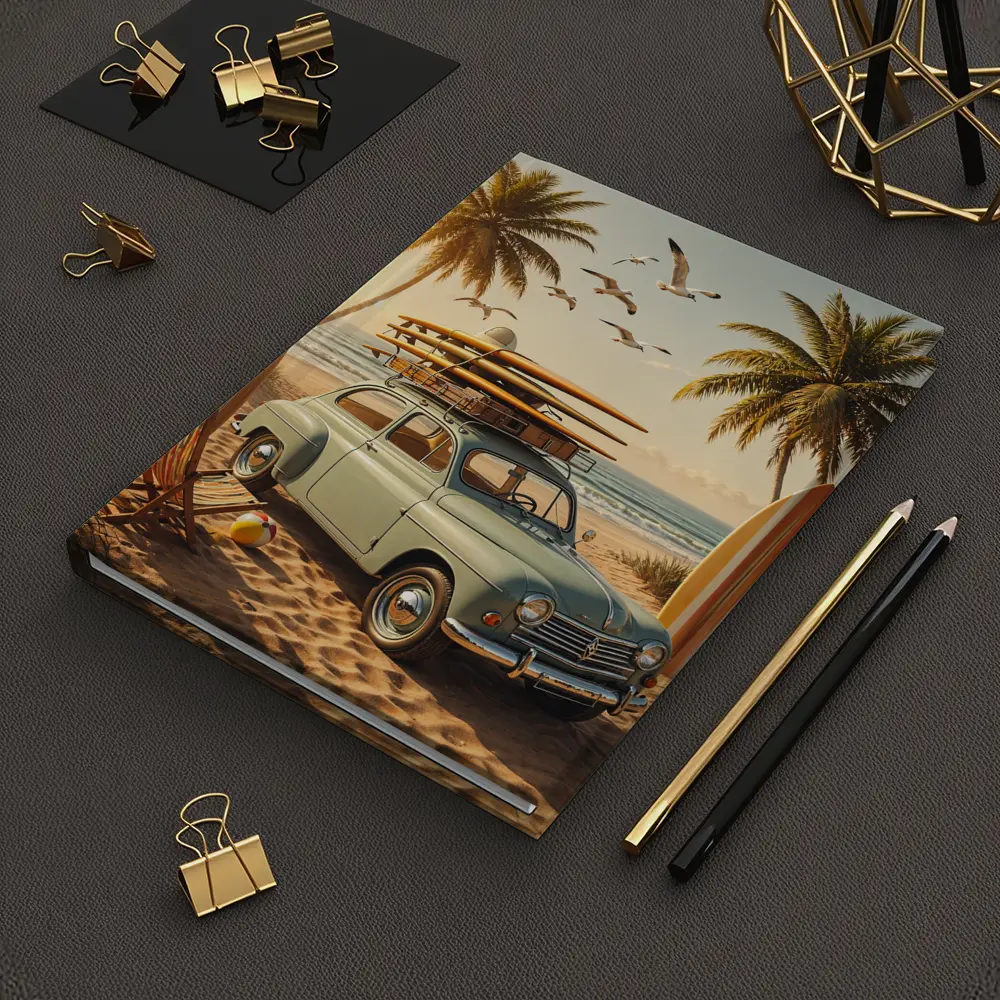 Vintage Renault Beach Scene With Surfboards – Notebooks