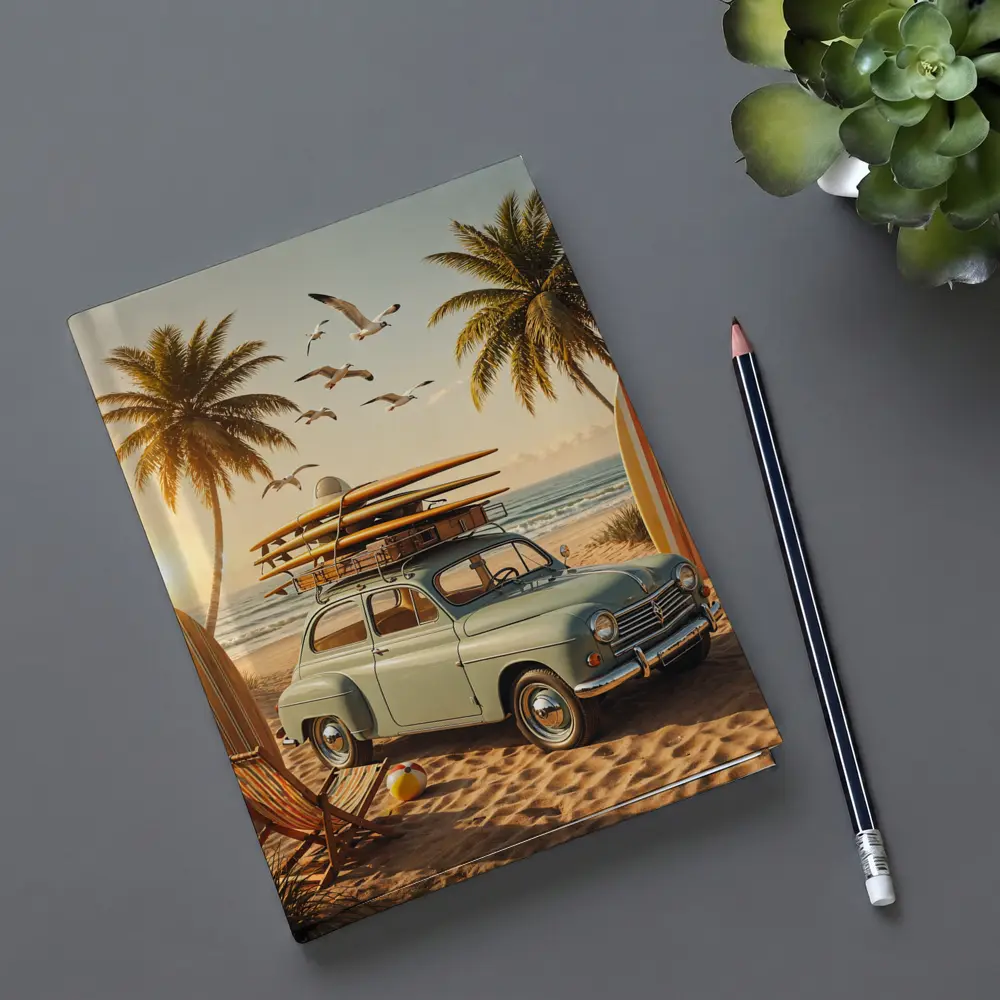 Vintage Renault Beach Scene With Surfboards – Notebooks