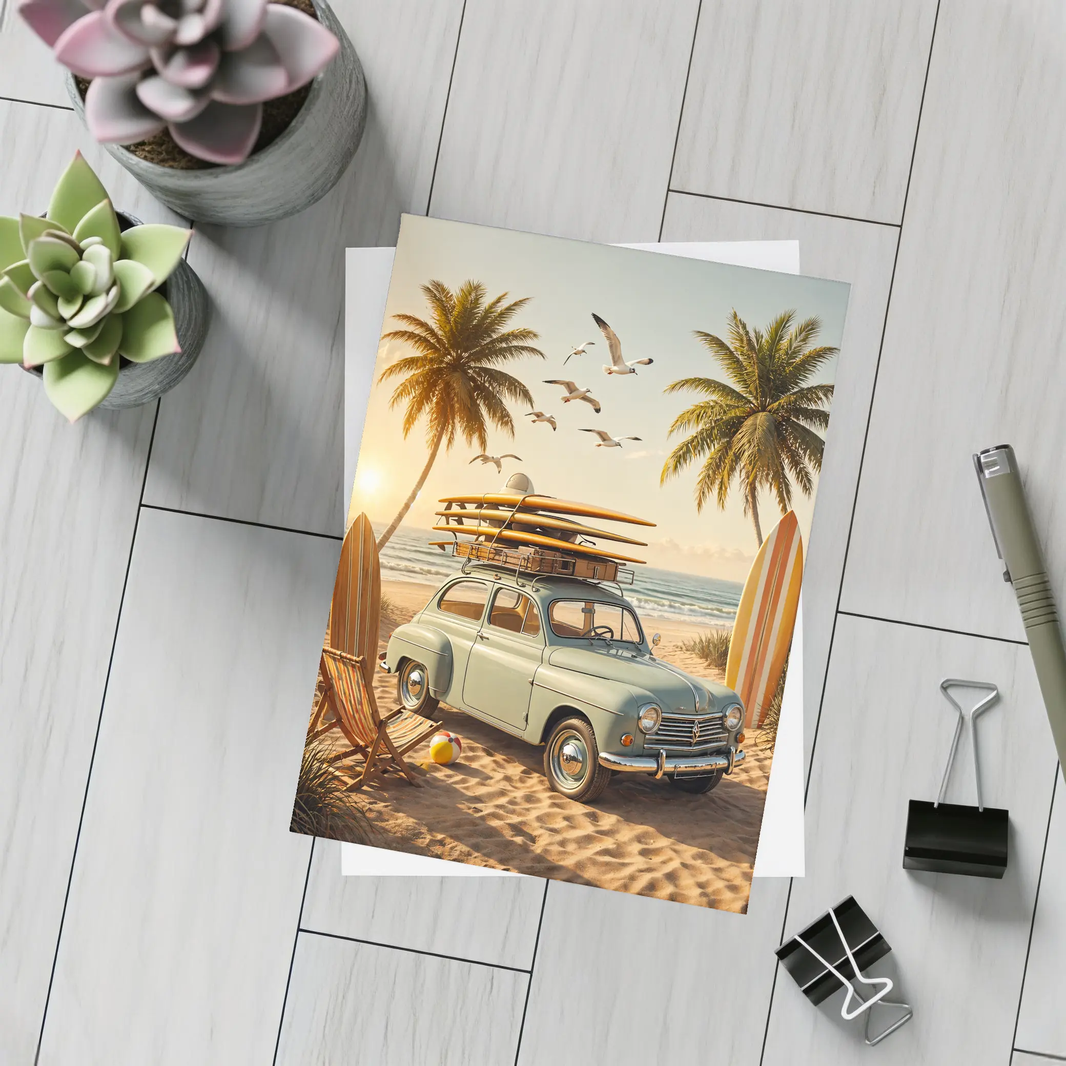 Vintage Renault Beach Scene With Surfboards – Postcards