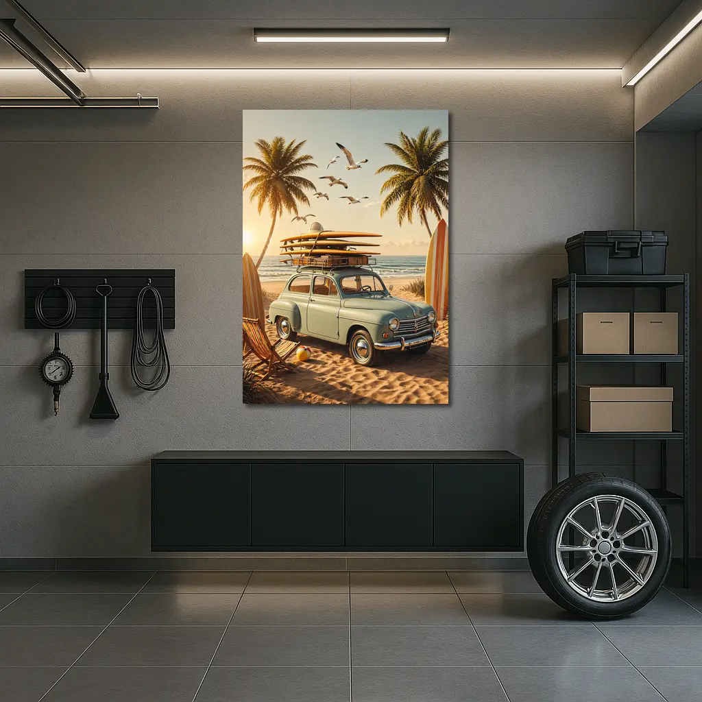 Vintage Renault Beach Scene With Surfboards – Wall Art