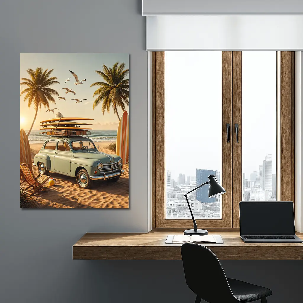 Vintage Renault Beach Scene With Surfboards – Wall Art