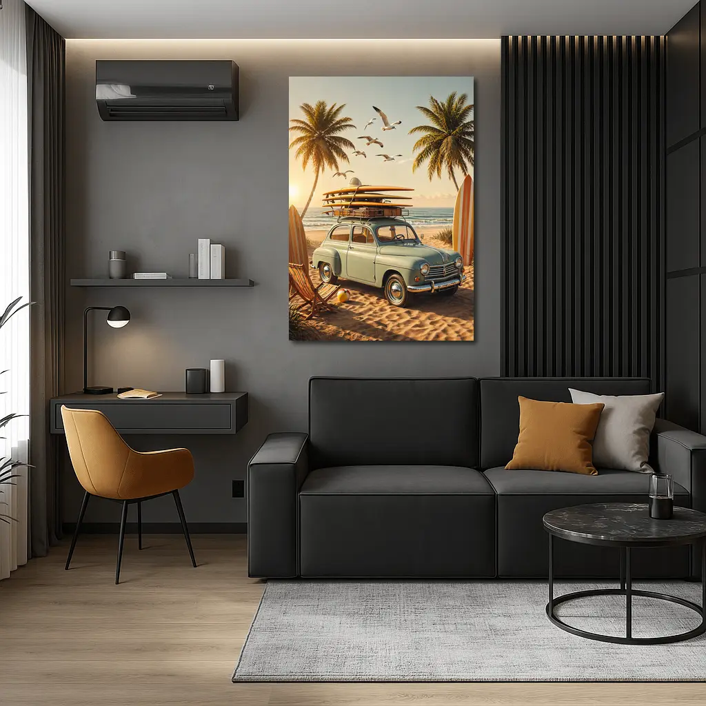 Vintage Renault Beach Scene With Surfboards – Wall Art