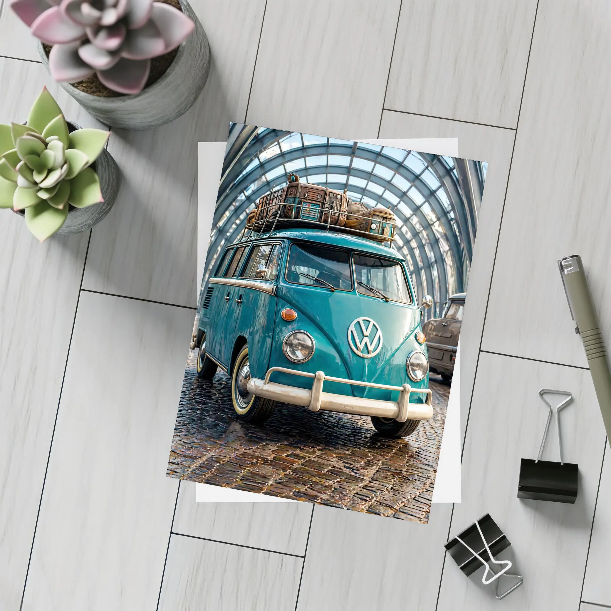 Volkswagen Beetle Bus Teal Glass Tunnel – Postcards