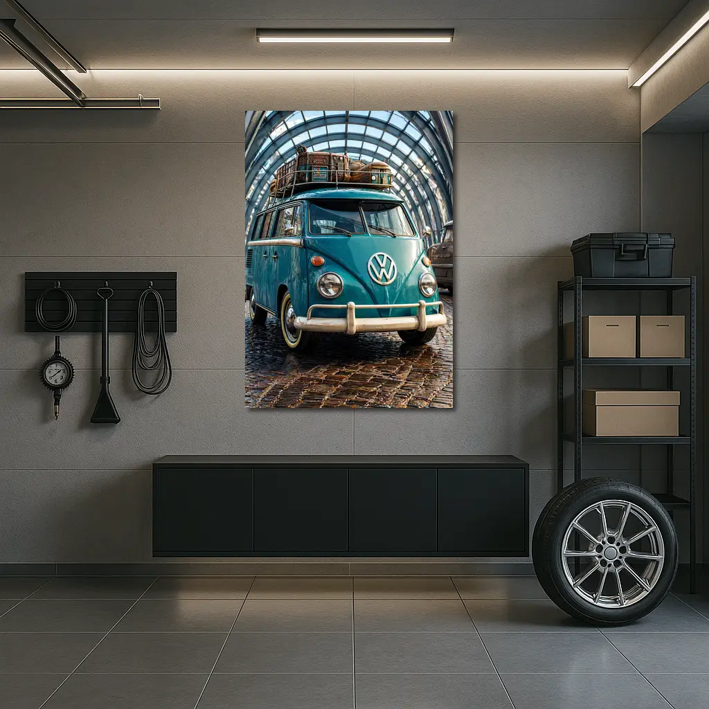 Volkswagen Beetle Bus Teal Glass Tunnel – Wall Art