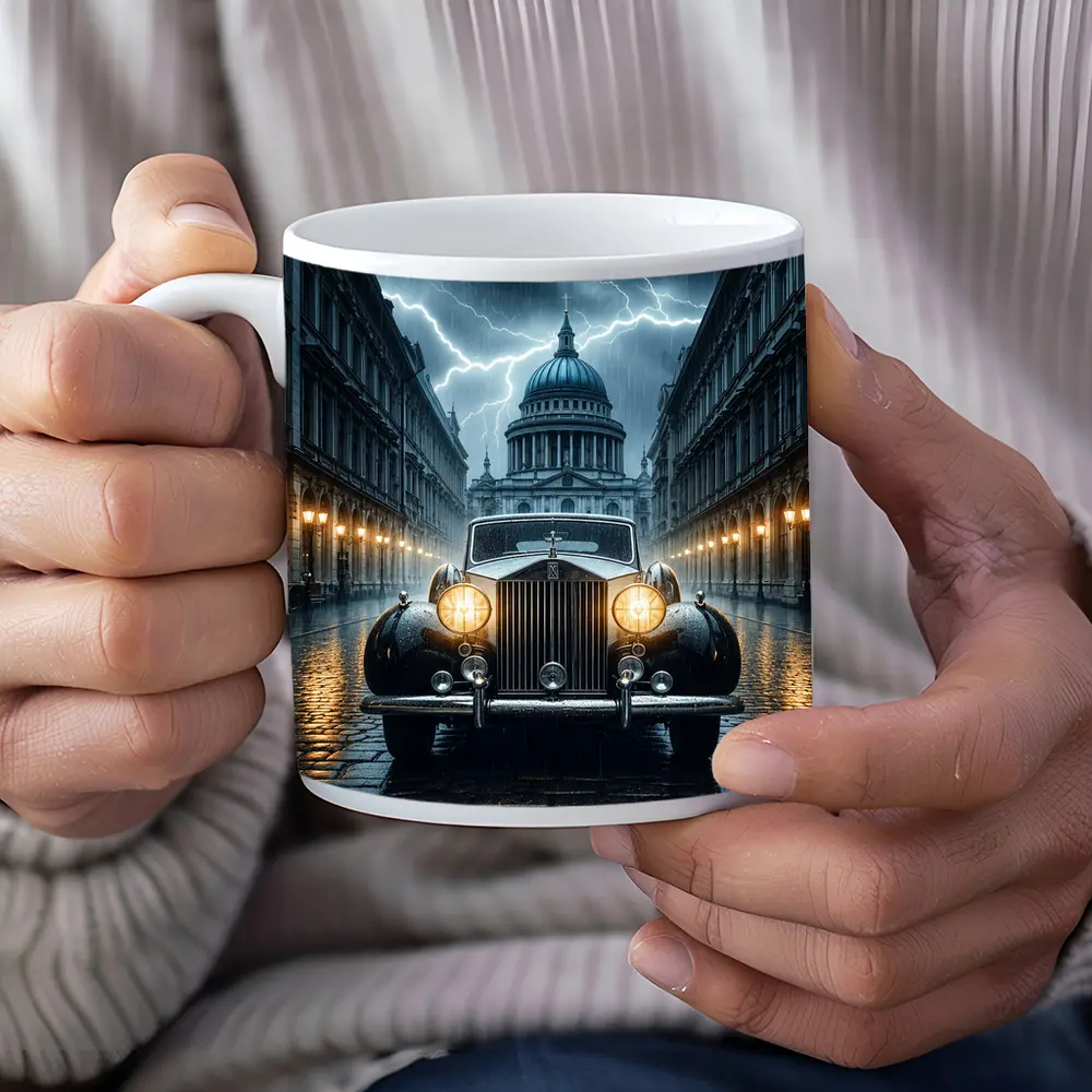 Rolls Royce Classic Car Rainy City Street – Mugs