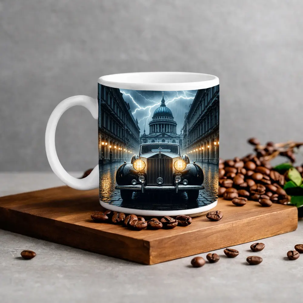 Rolls Royce Classic Car Rainy City Street – Mugs