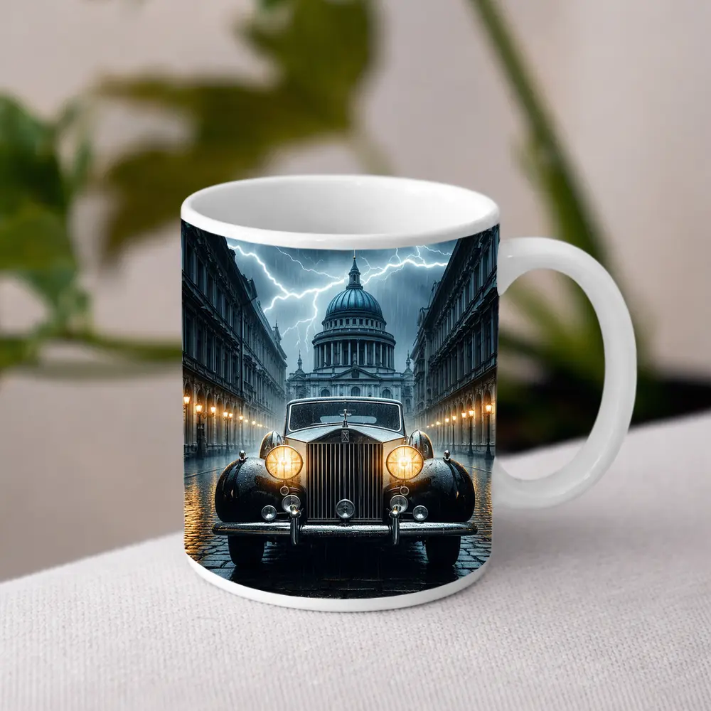 Rolls Royce Classic Car Rainy City Street – Mugs