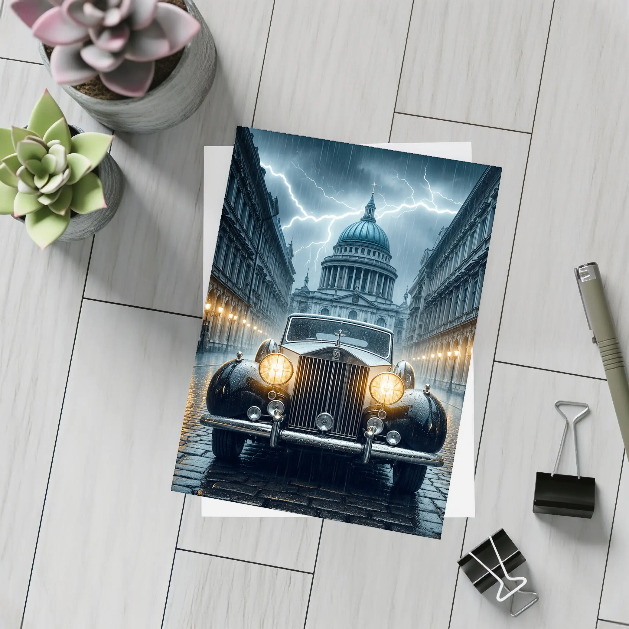 Rolls Royce Classic Car Rainy City Street – Postcards