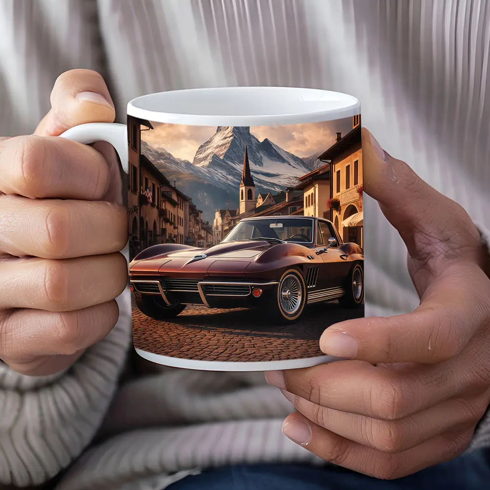 Chevrolet Corvette C2 Alpine Village Mountain Backdrop – Mugs