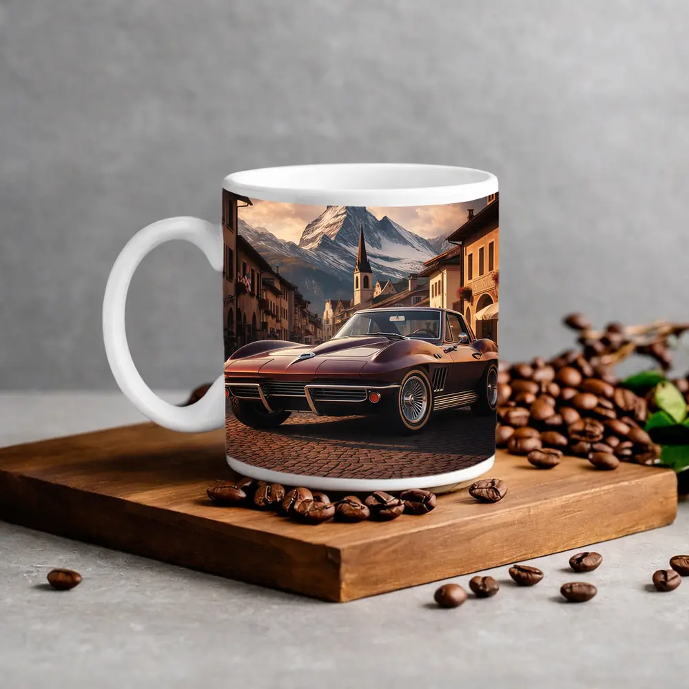 Chevrolet Corvette C2 Alpine Village Mountain Backdrop – Mugs