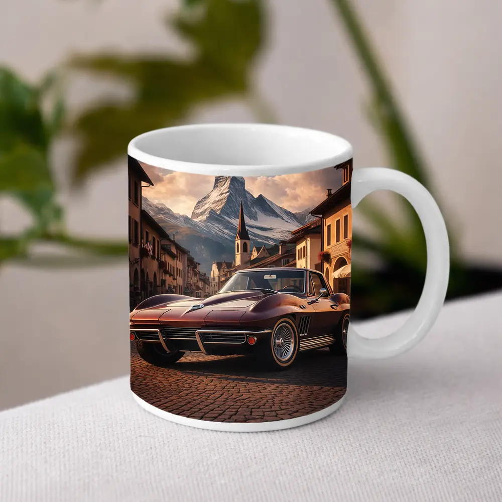 Chevrolet Corvette C2 Alpine Village Mountain Backdrop – Mugs