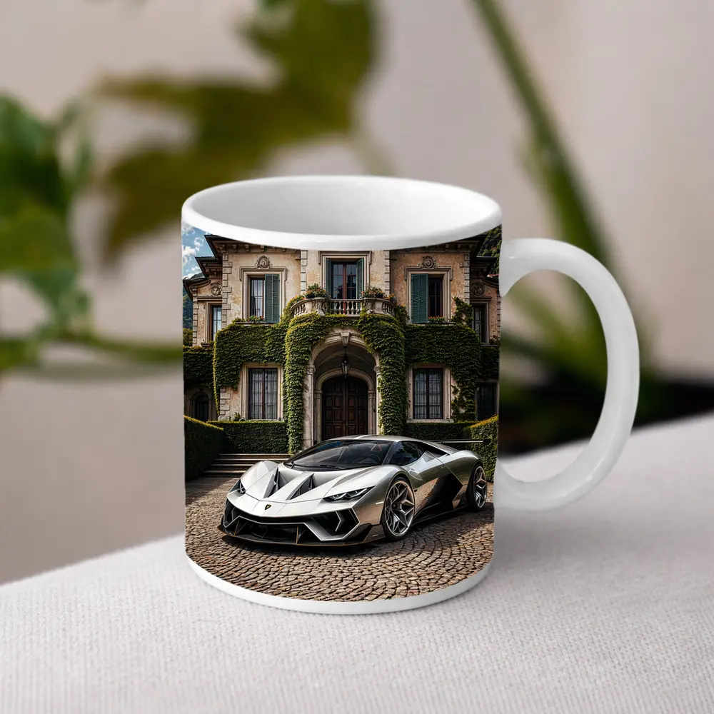Lamborghini Sian Parked Before Grand Villa – Mugs