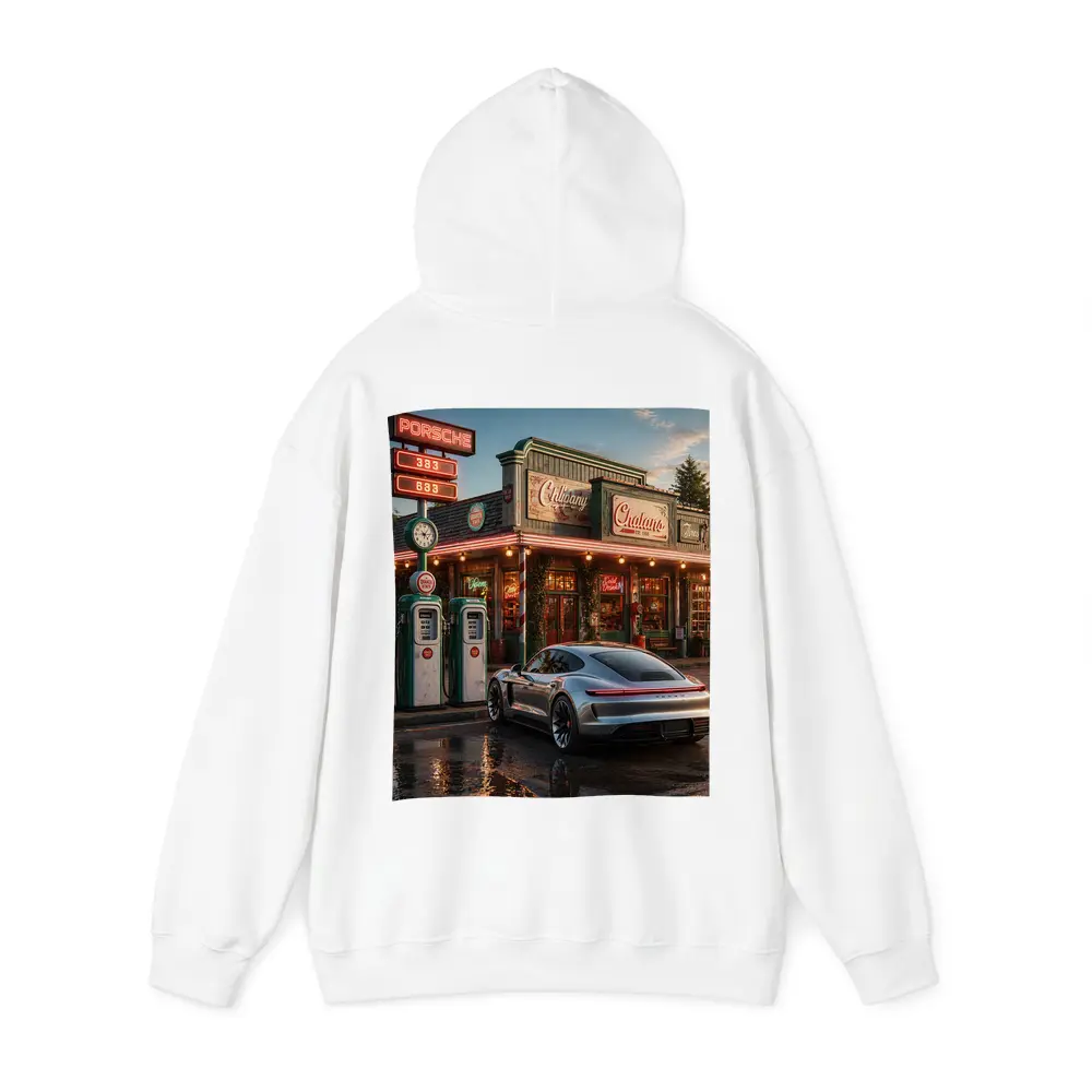 Porsche Taycan At Retro Gas Station Dusk – Hoodies