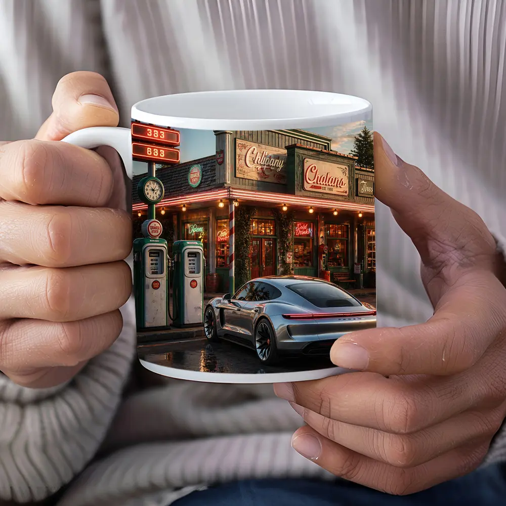 Porsche Taycan At Retro Gas Station Dusk – Mugs