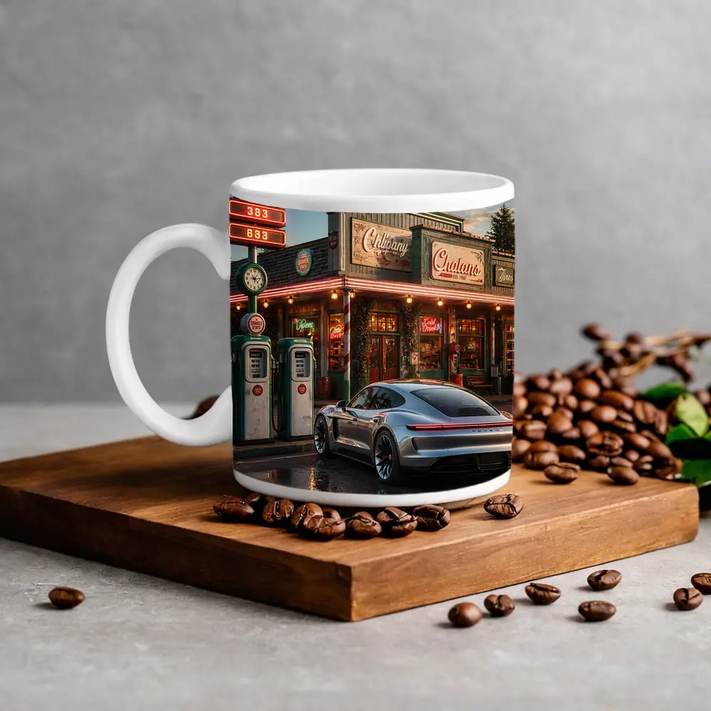 Porsche Taycan At Retro Gas Station Dusk – Mugs