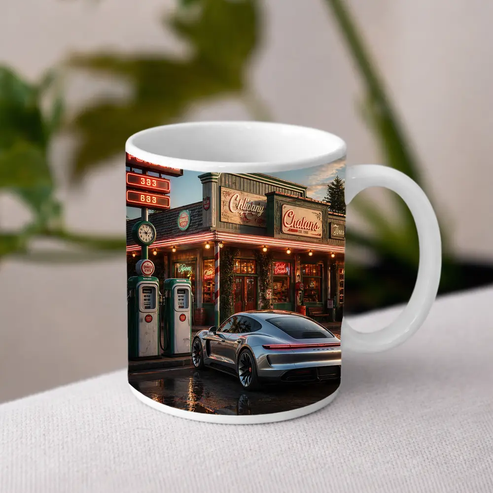 Porsche Taycan At Retro Gas Station Dusk – Mugs