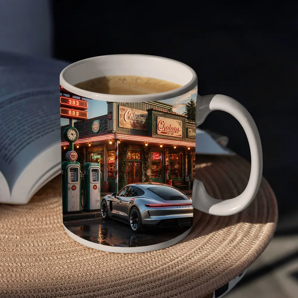 Porsche Taycan At Retro Gas Station Dusk – Mugs