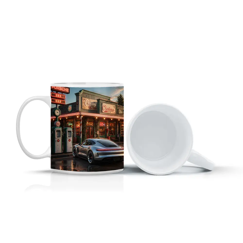Porsche Taycan At Retro Gas Station Dusk – Mugs