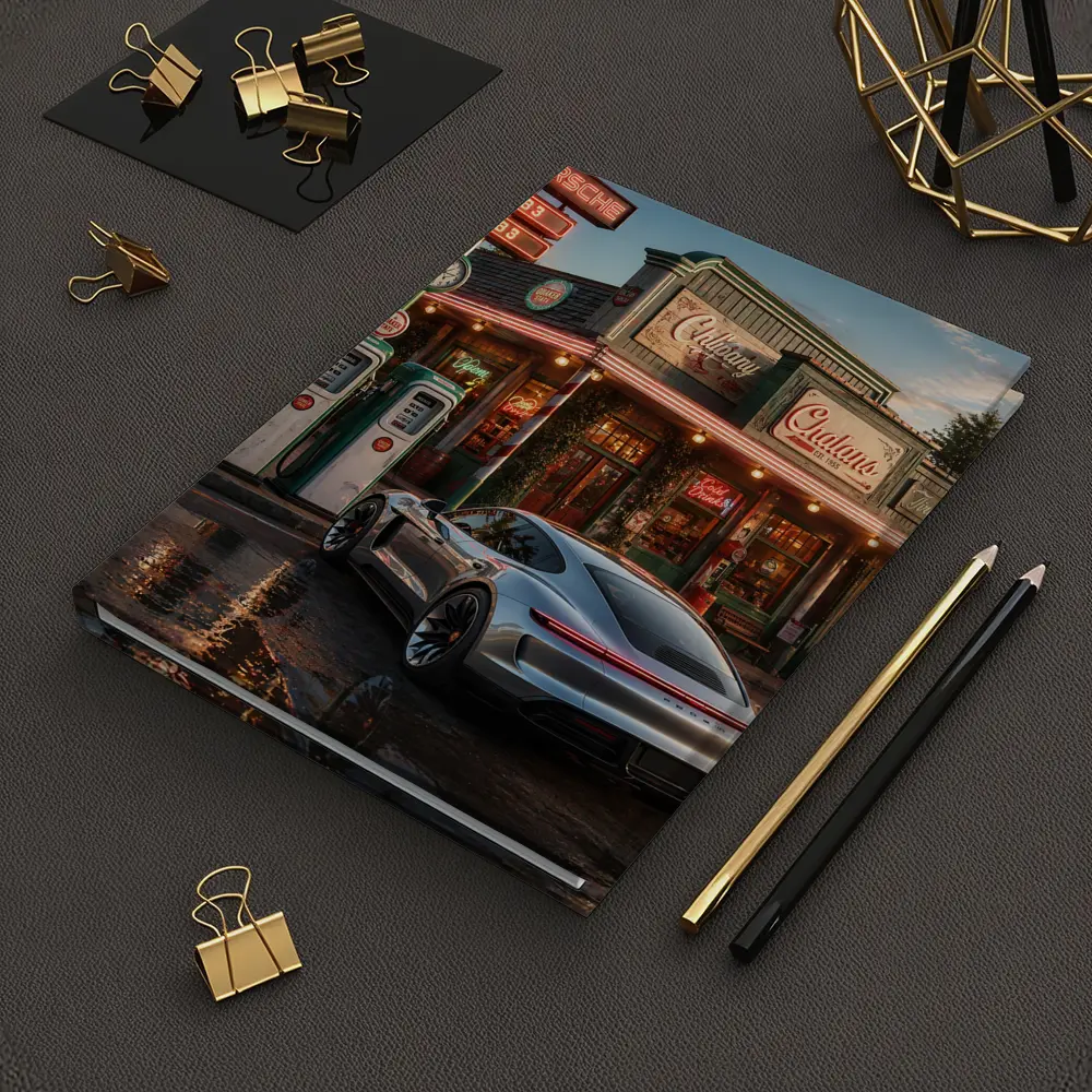 Porsche Taycan At Retro Gas Station Dusk – Notebooks