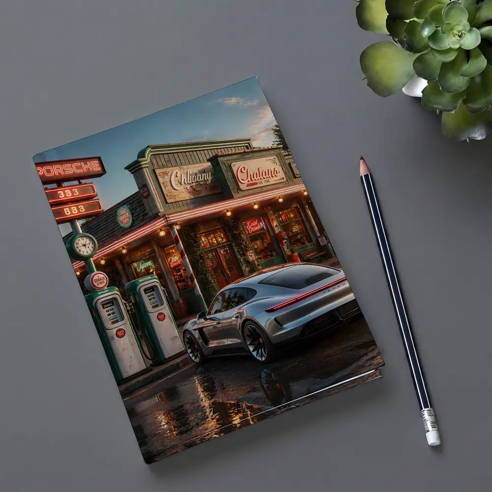Porsche Taycan At Retro Gas Station Dusk – Notebooks