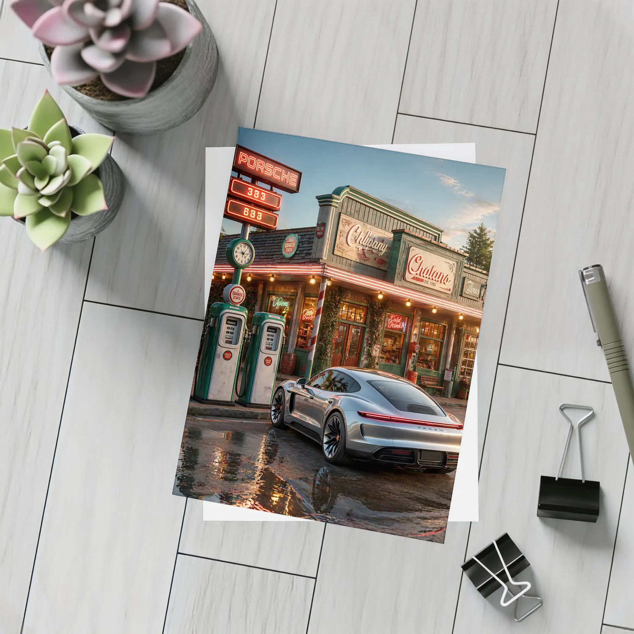 Porsche Taycan At Retro Gas Station Dusk – Postcards