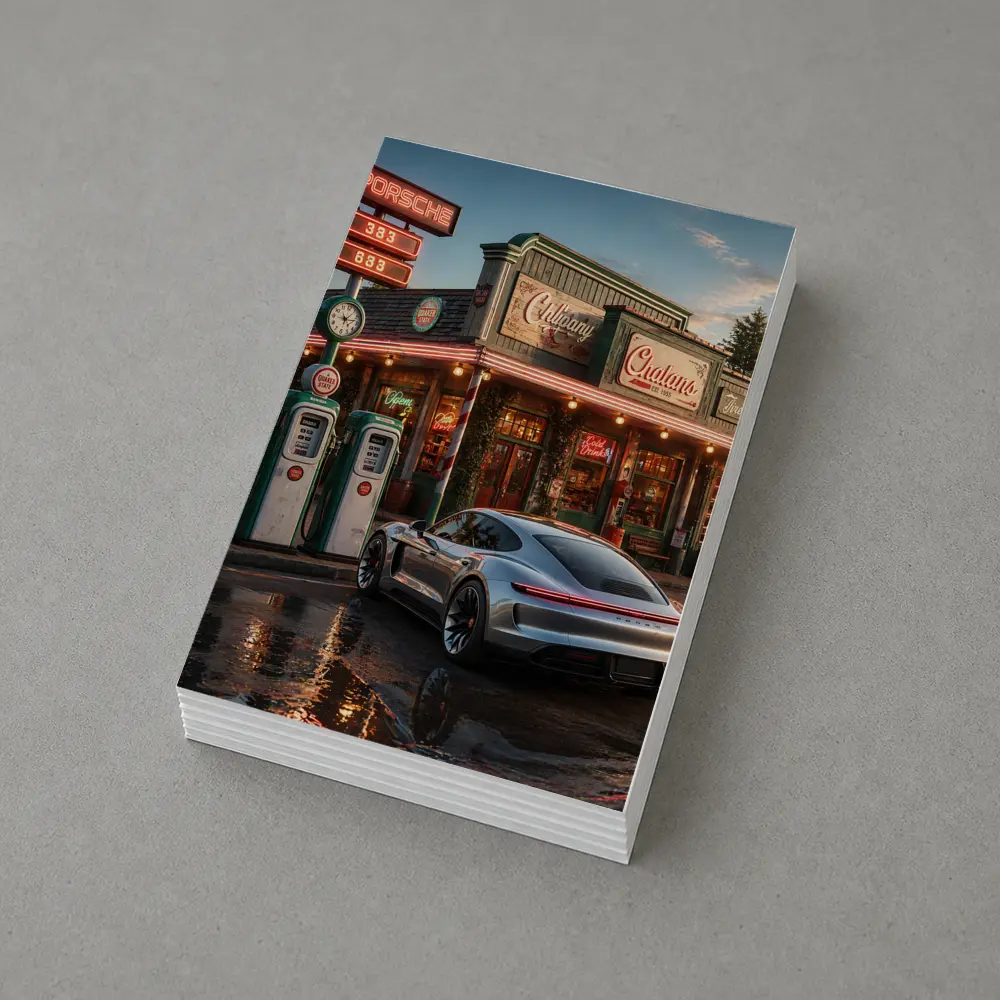 Porsche Taycan At Retro Gas Station Dusk – Postcards