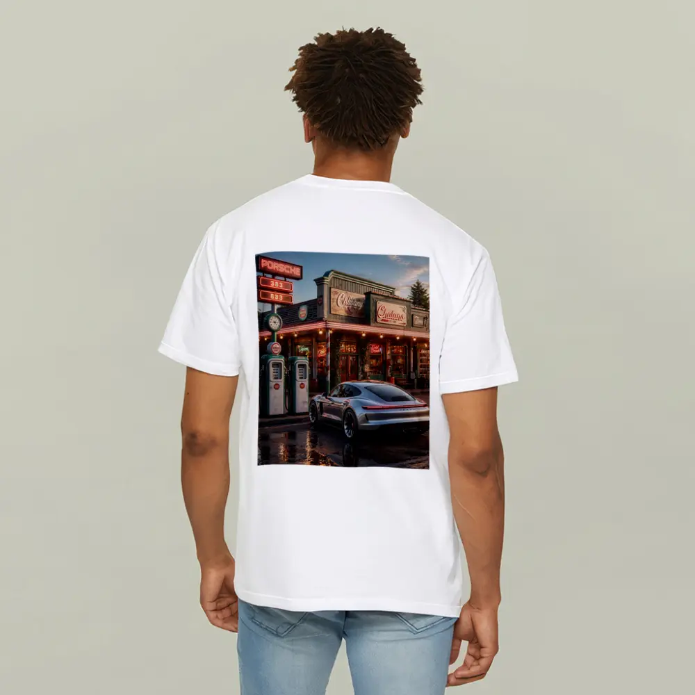 Porsche Taycan At Retro Gas Station Dusk – T-Shirts