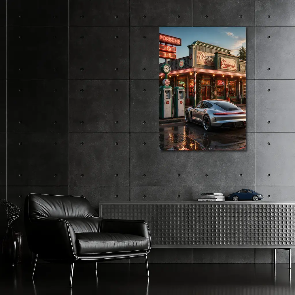 Porsche Taycan At Retro Gas Station Dusk – Wall Art
