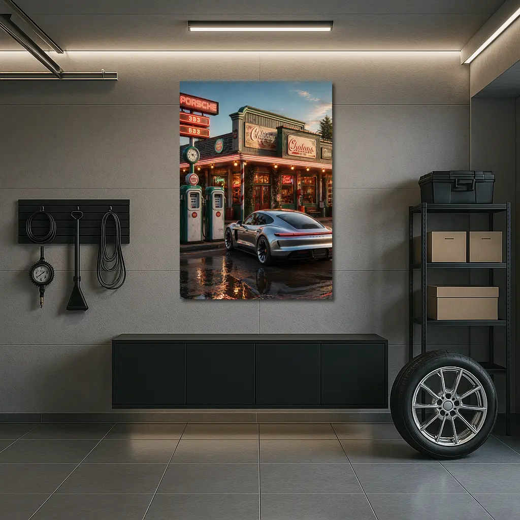 Porsche Taycan At Retro Gas Station Dusk – Wall Art