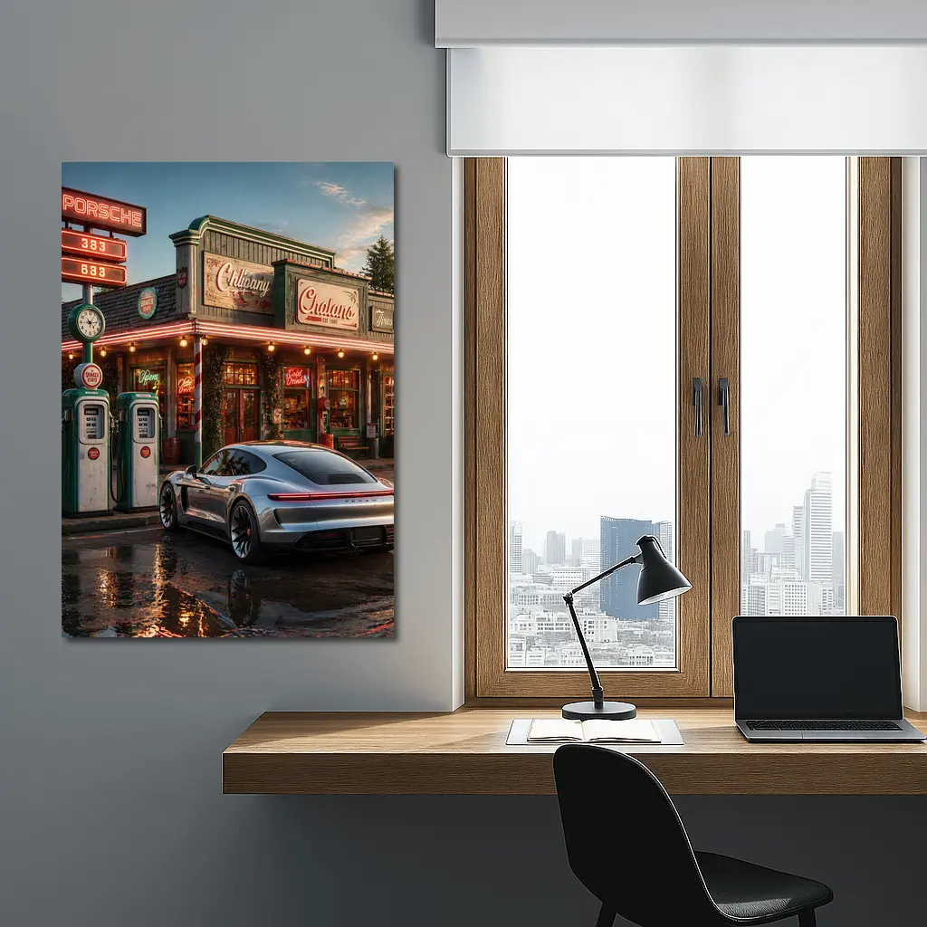 Porsche Taycan At Retro Gas Station Dusk – Wall Art