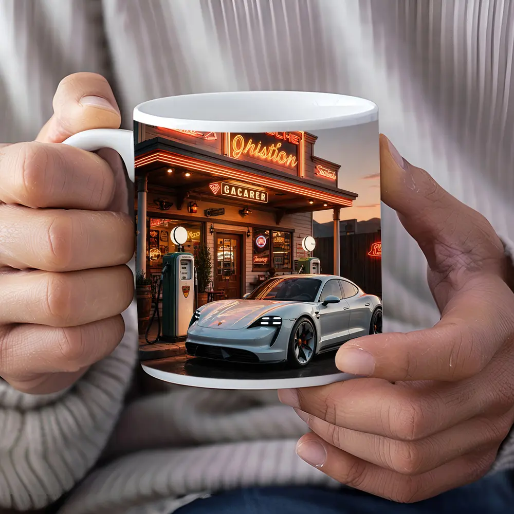 Porsche Taycan At Retro Neon Gas Station – Mugs